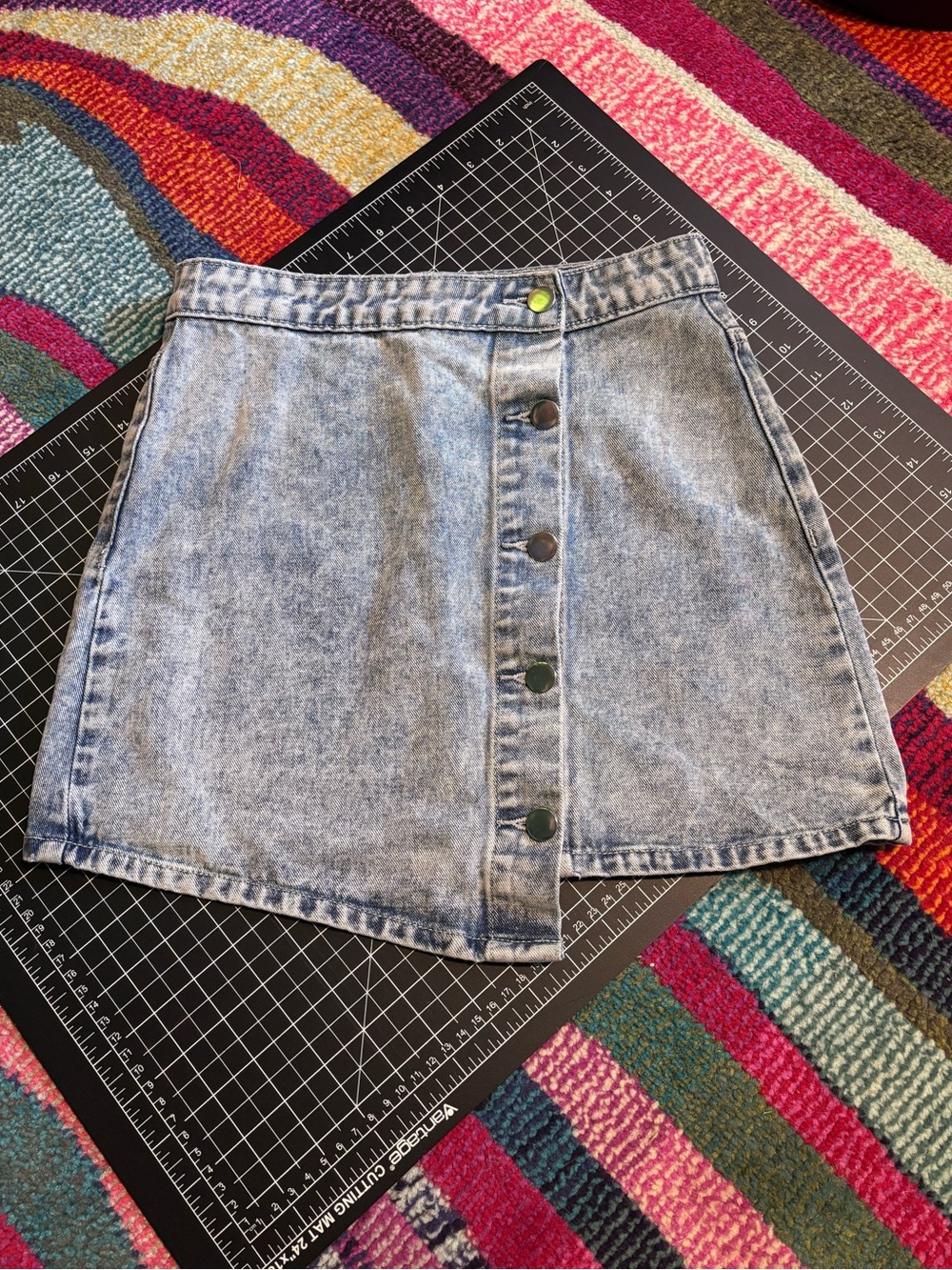 Acid Wash Denim Asymmetrical Metal Button Wrap Skirt - Momokron - size XS